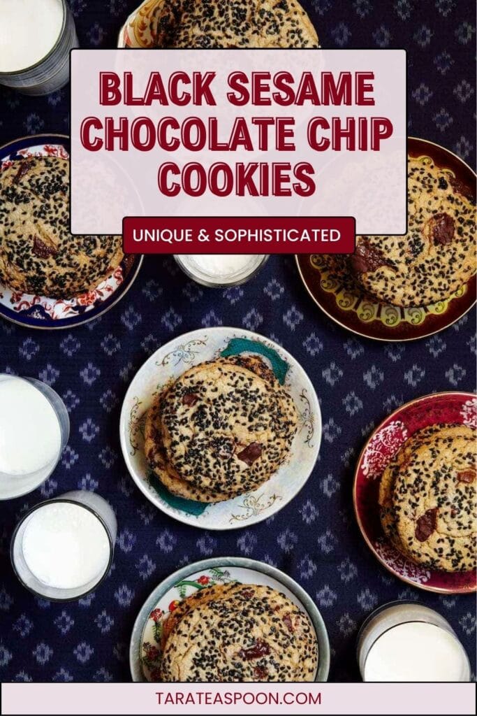Pinterest graphic for Black Sesame Chocolate Chip Cookies recipe on Tara Teaspoon.