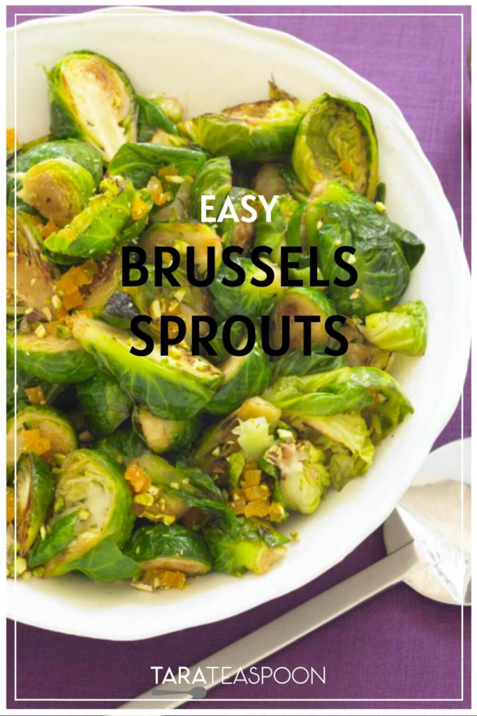 Easy Brussels Sprouts Pinterest Pin with purple background