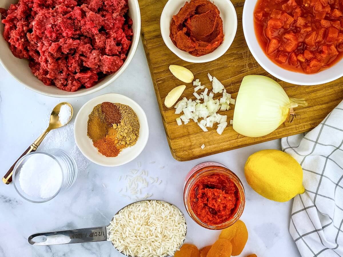 moroccan meatballs ingredients on cutting board