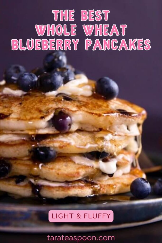 Pinterest graphic for The Best Whole Wheat Blueberry Pancakes recipe on Tara Teaspoon.