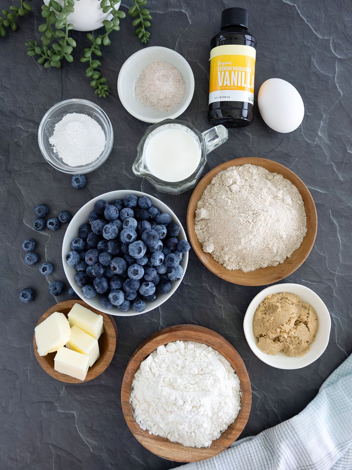 Top view of ingredients needed to make whole wheat blueberry pancakes. 