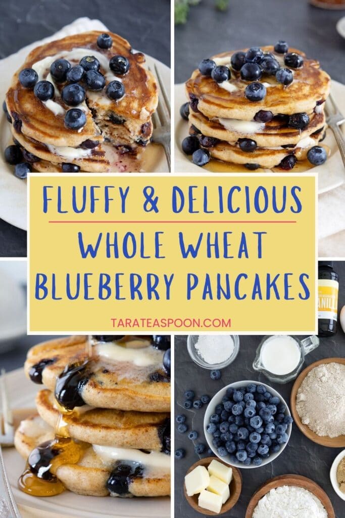 Pinterest graphic for Whole Wheat Blueberry Pancakes recipe from Tara Teaspoon