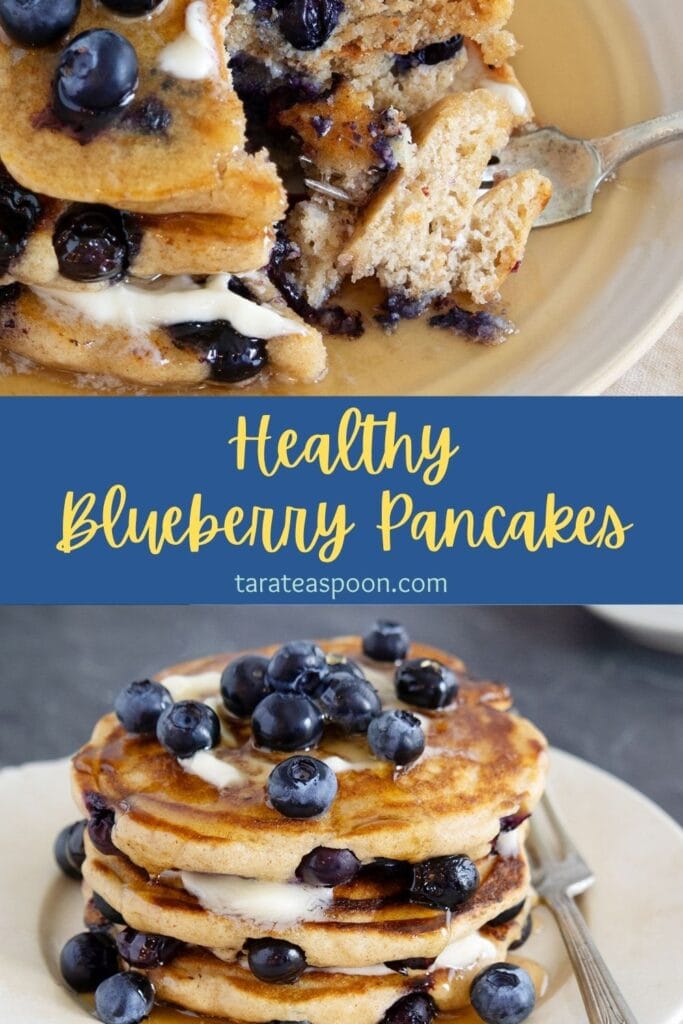 Pinterest graphic for Whole Wheat Blueberry Pancakes recipe from Tara Teaspoon