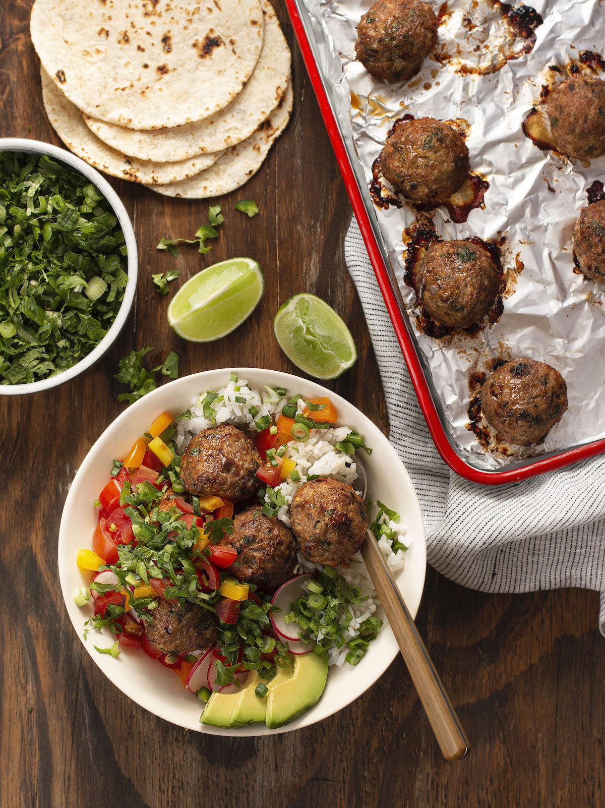 chicken meatballs over rice with salsa