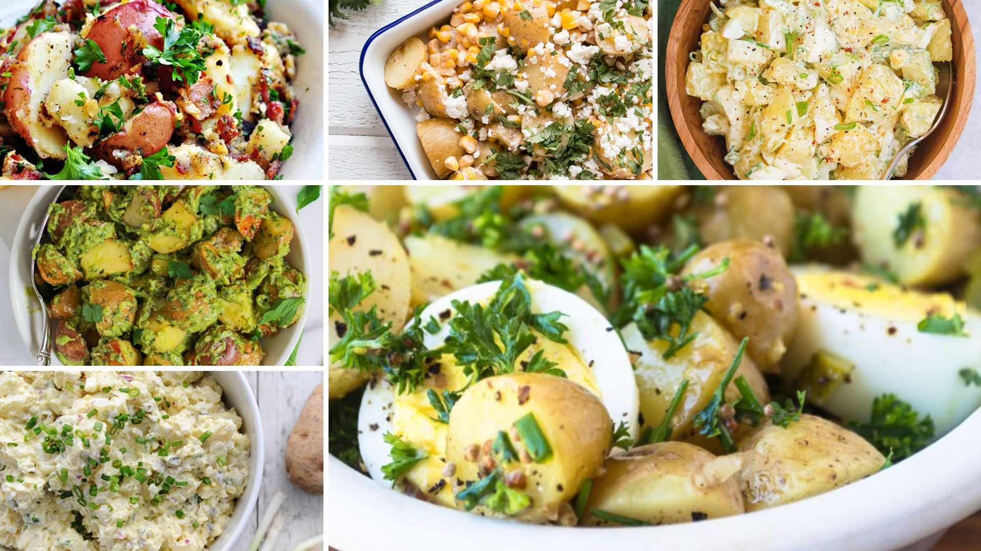 collage of six different recipes for potato salads