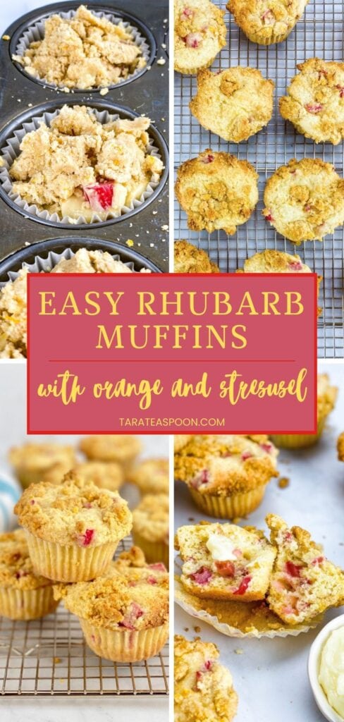 Pinterest graphic for Orange Streusel Rhubarb Muffin recipe on TaraTeaspoon