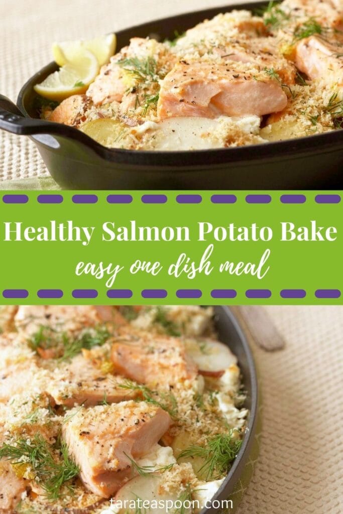 Pinterest graphic for Potato Salmon Bake with Feta and Dill recipe on Tara Teaspoon