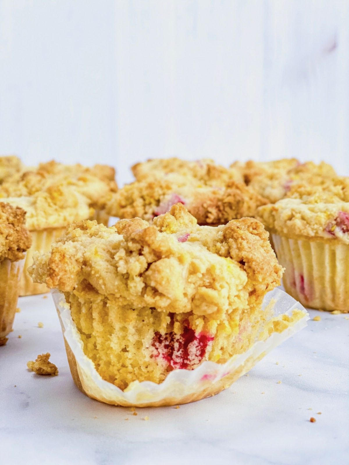 close up of rhubarb streusel muffin