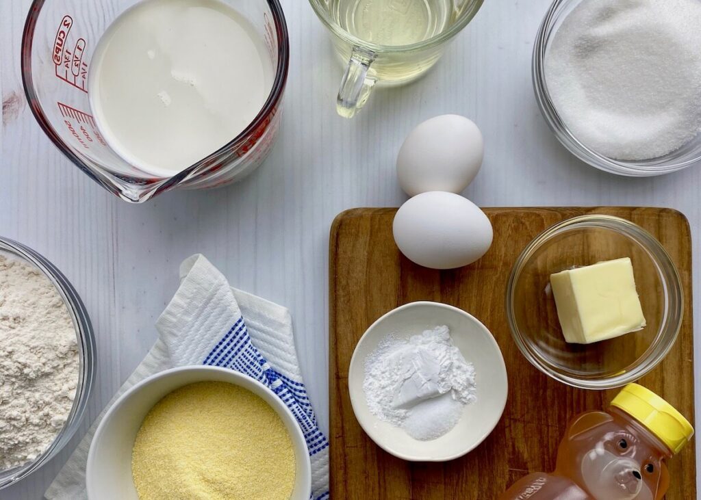 gluten free cornbread ingredients in bowls