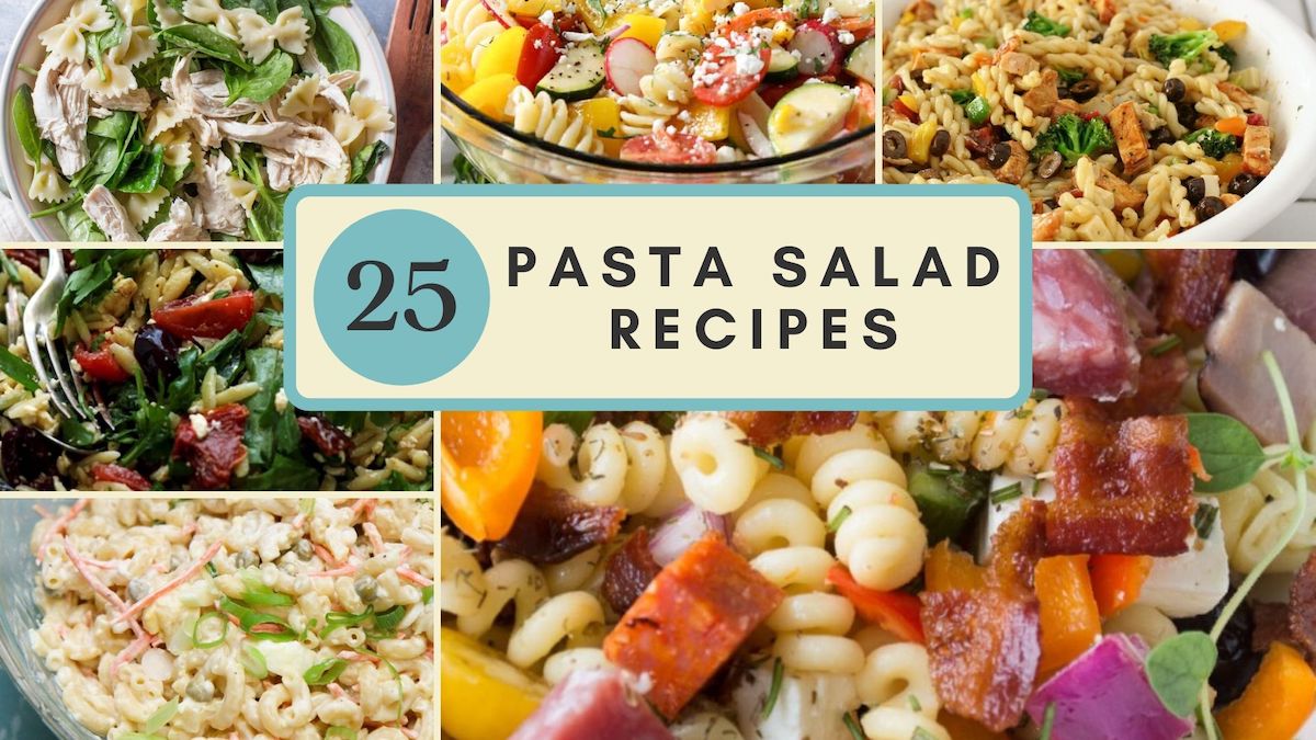 collage of pasta salad recipes with title in the middle