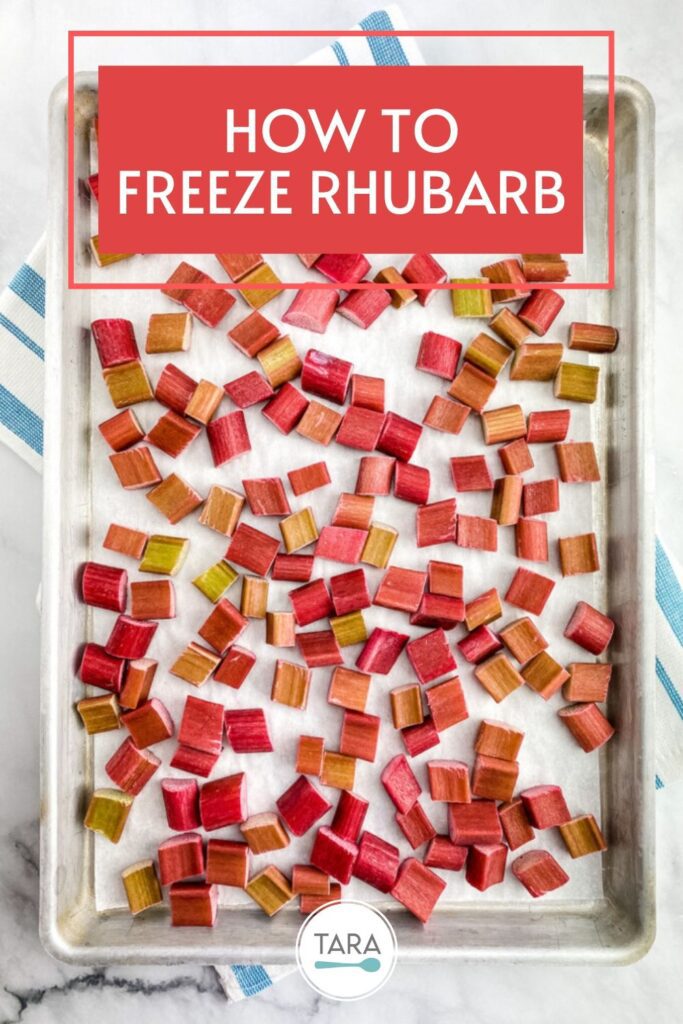 pin for how to freeze rhubarb with fruit on a tray