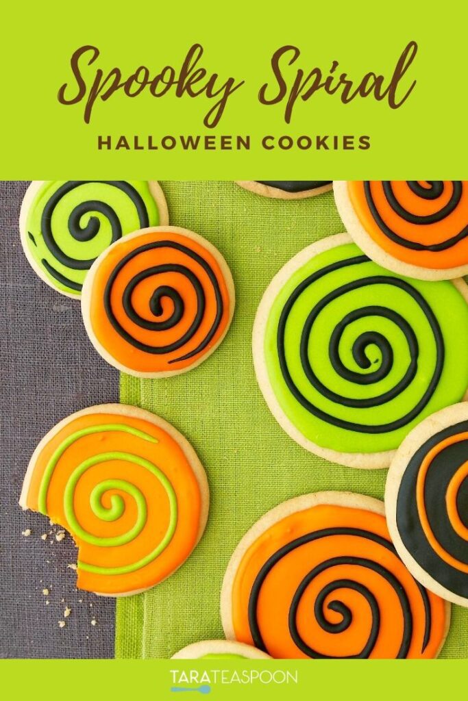 Lime green and orange Spooky Spiral Cookies Pinterest Pin