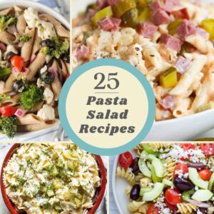 square collage of pasta salad recipes with title in the middle