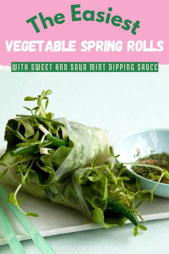 Pinterest graphic for Vegetable Spring Rolls with Sweet and Sour Mint Sauce recipe on Tara Teaspoon.