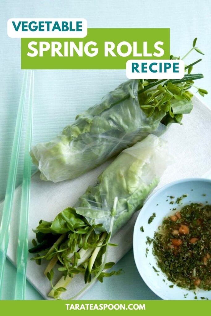 Pinterest graphic for Vegetable Spring Rolls with Sweet and Sour Mint Sauce recipe on Tara Teaspoon.