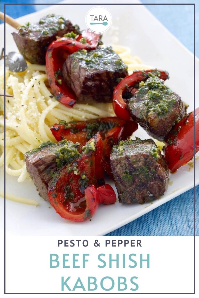 pin for pesto and pepper beef shish kabobs with pasta