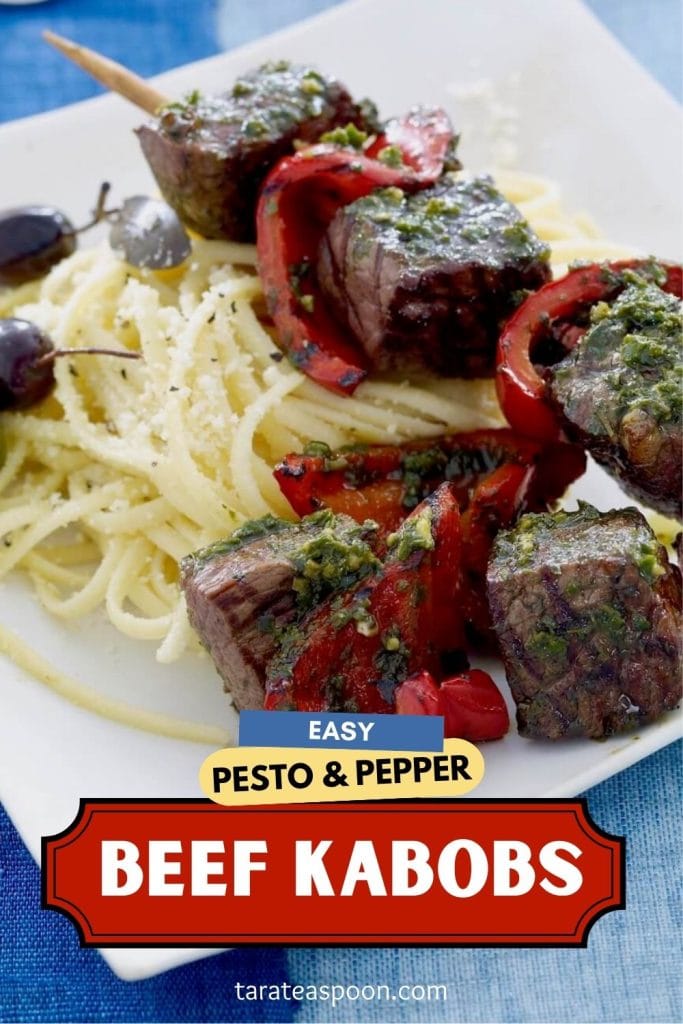 Pinterest graphic of Pesto & Pepper Beef Kabobs on the Grill recipe on Tara Teaspoon.