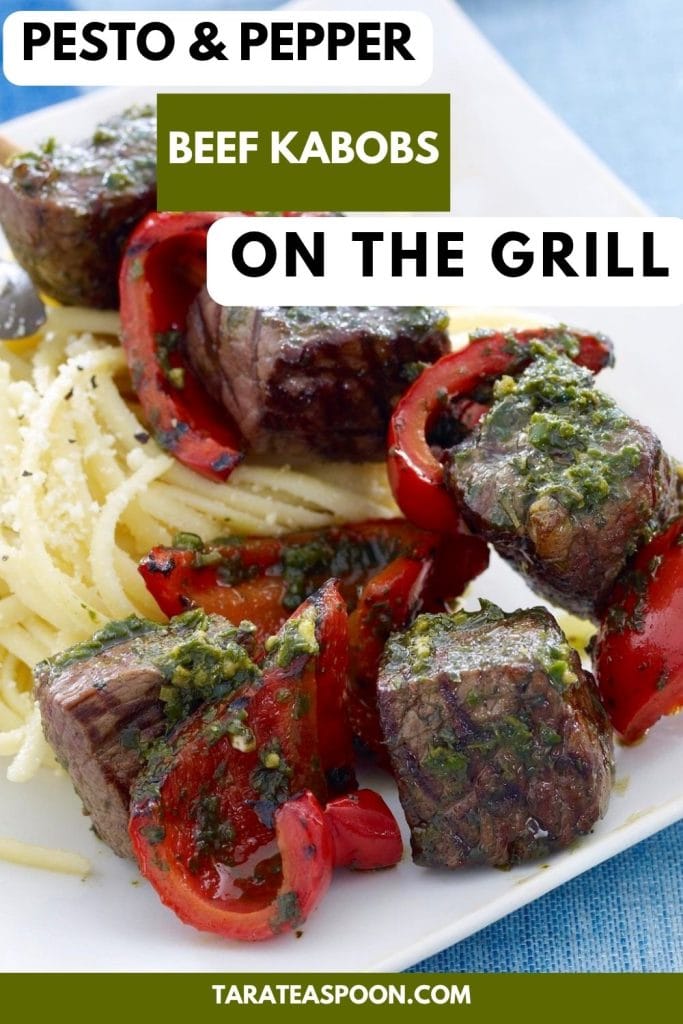 Pinterest graphic of Pesto & Pepper Beef Kabobs on the Grill recipe on Tara Teaspoon.