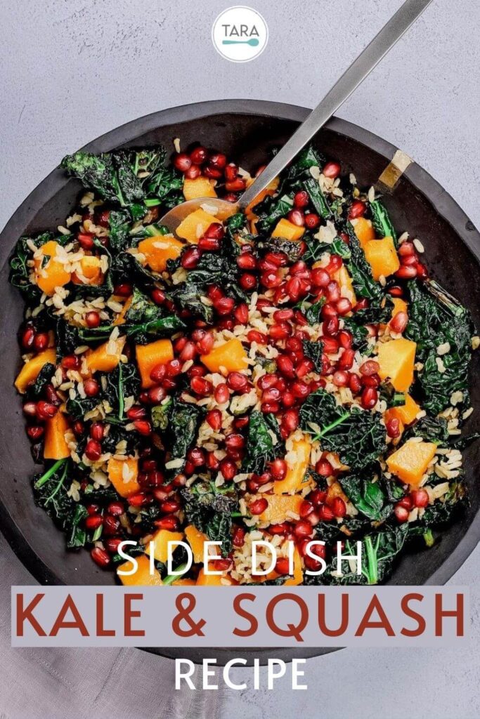 kale and squash salad with brown rice and pomegranates pin