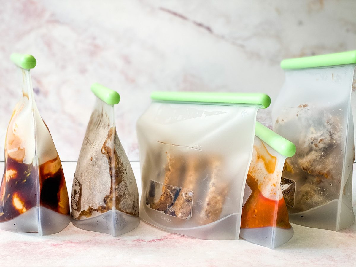 reusable silicone food storage bags full of food
