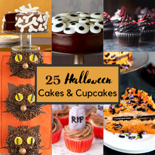 feature collage image of halloween cakes and cupcakes