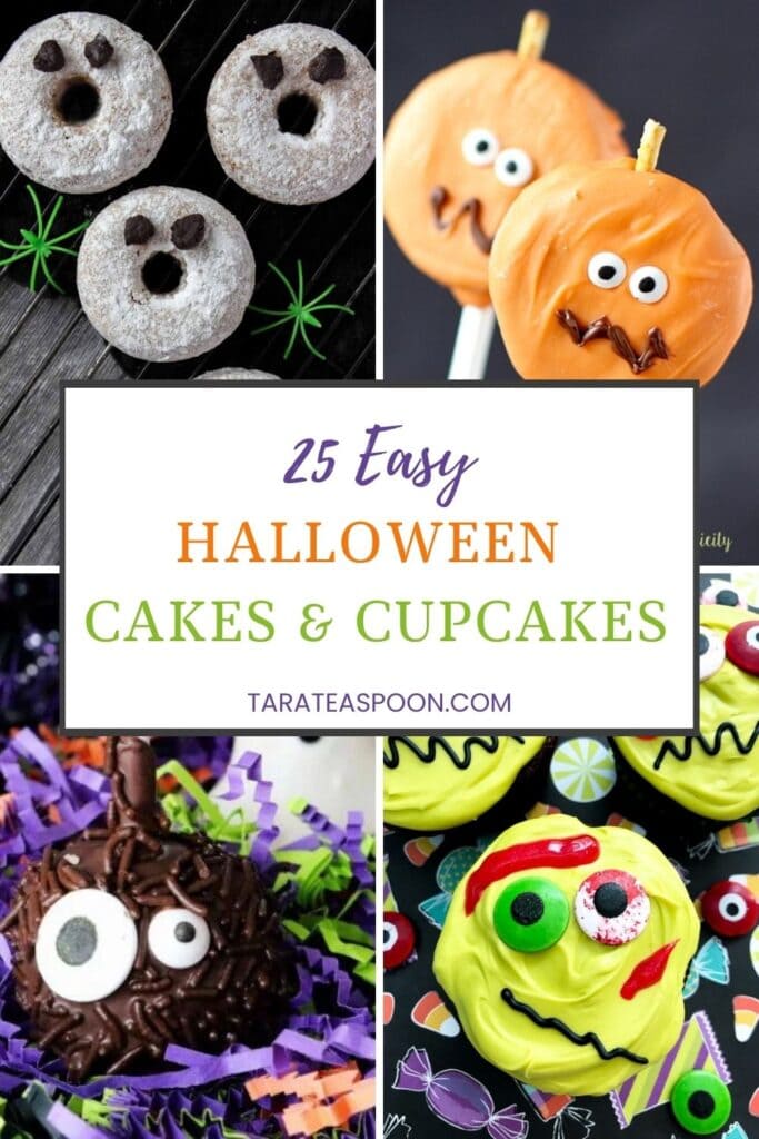Pinterest graphic for 25 Halloween Cakes And Cupcakes post on Tara Teaspoon.