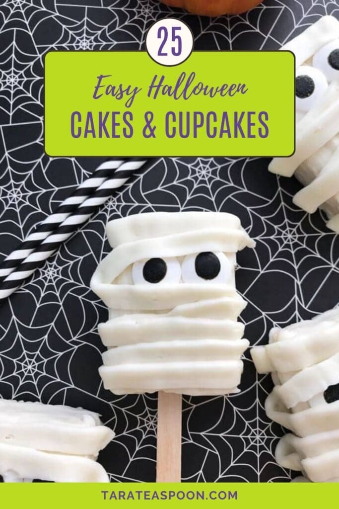 Pinterest graphic for 25 Halloween Cakes And Cupcakes post on Tara Teaspoon.