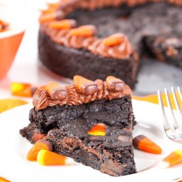chocolate chocolate chip cookie cake with candy corns