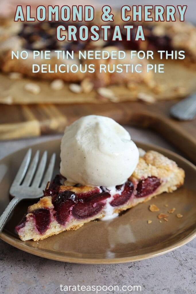 Pinterest graphic for Almond and Cherry Crostata recipe on Tara Teaspoon.