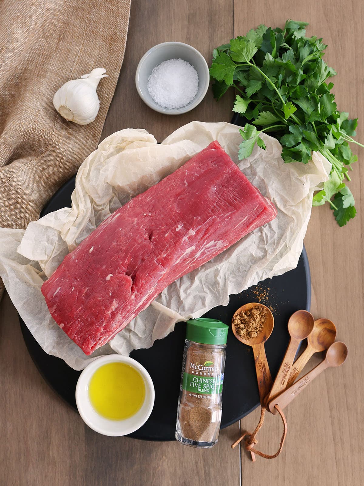 Top view of ingredients needed to make a beef tenderloin roast. 