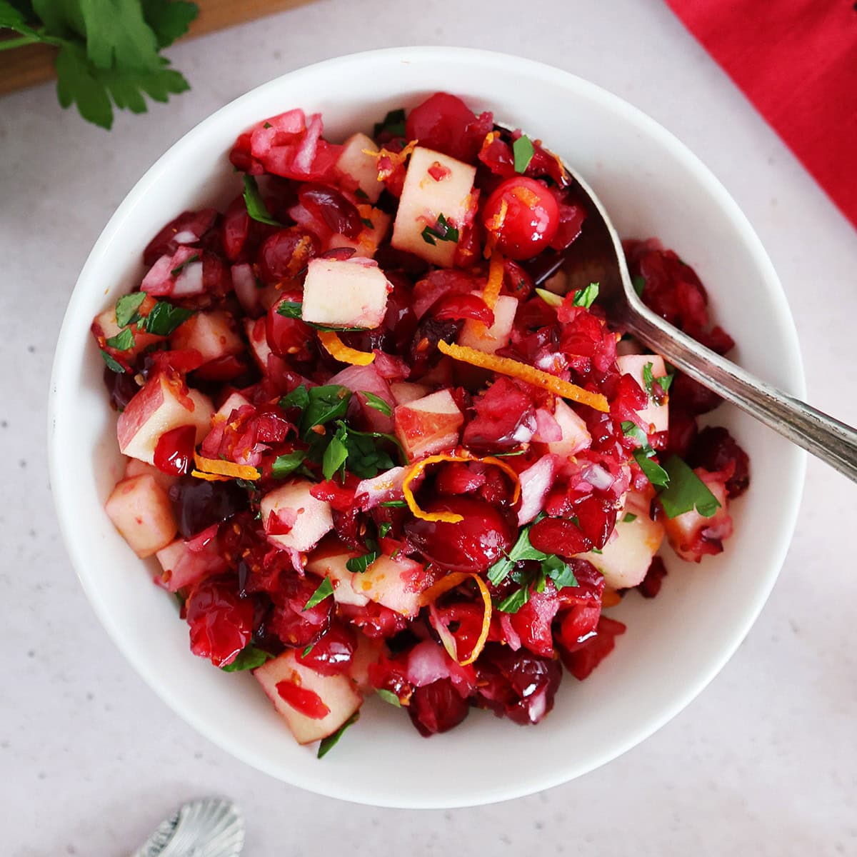 Top view of a bowl of cranberry relish. 