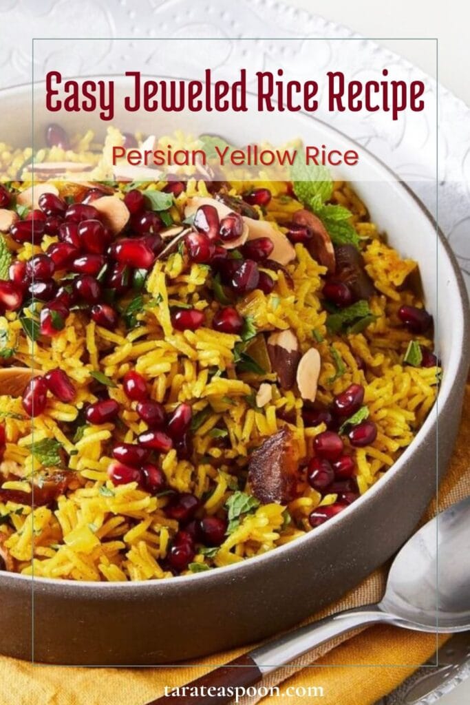 Pinterest graphic for Jeweled Rice - Middle Eastern Yellow Rice recipe on Tara Teaspoon