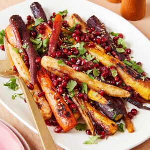 roasted miso carrots on white platter