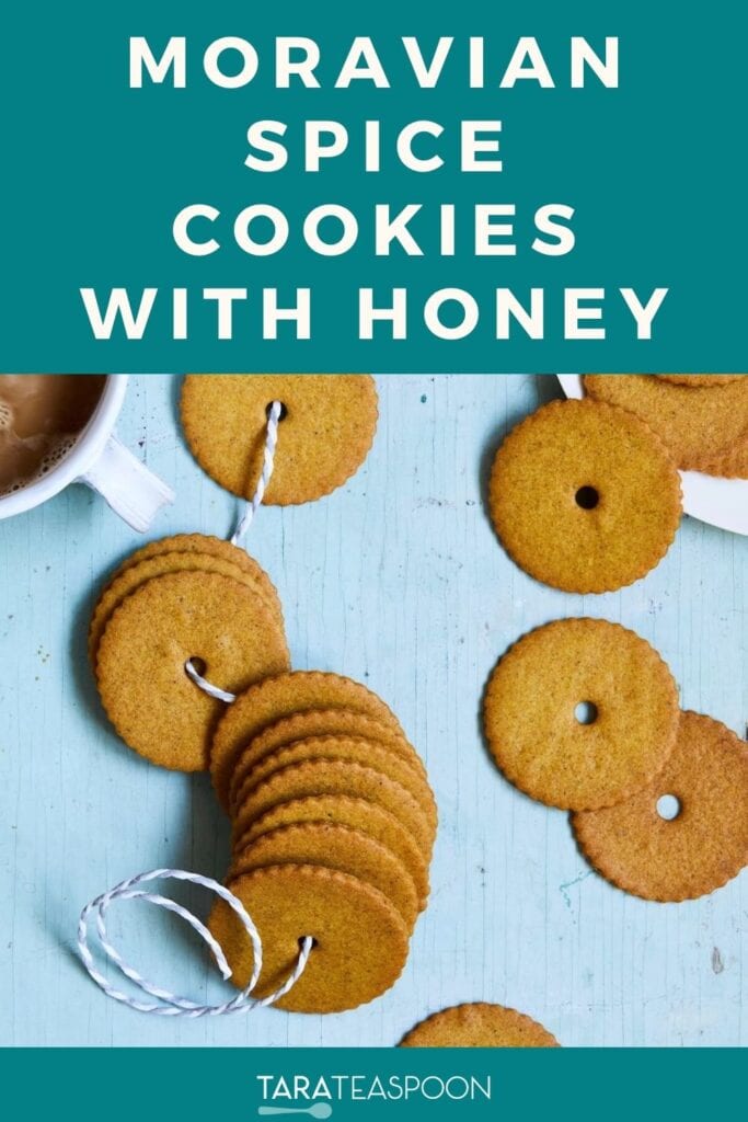 Pinterest graphic for Moravian Spice Cookies with Honey-Spiced Honey Snaps recipe on Tara Teaspoon.
