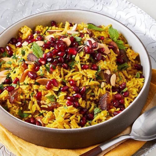 Yellow jeweled rice with pomegranates and dates