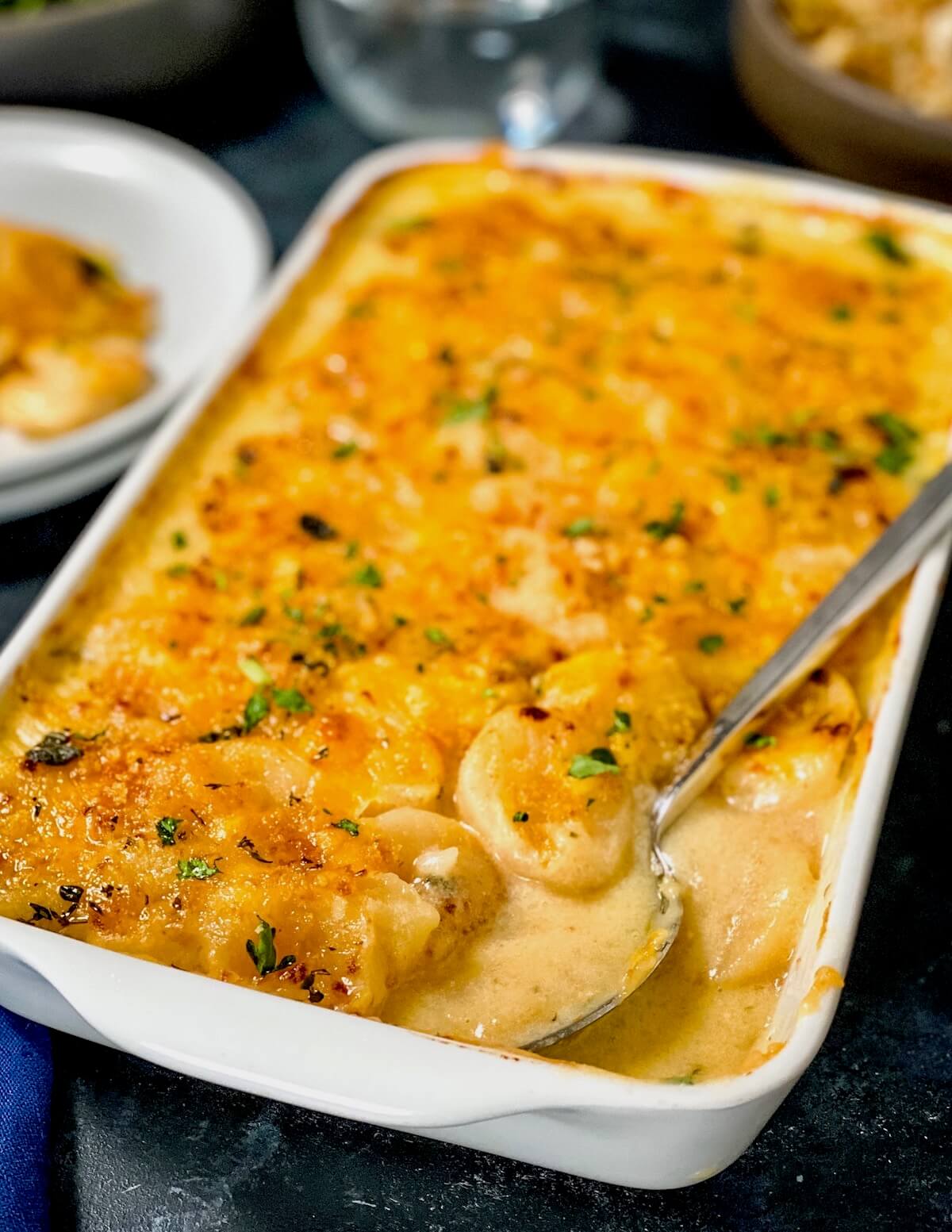 close up of cheese sauce in potato casserole