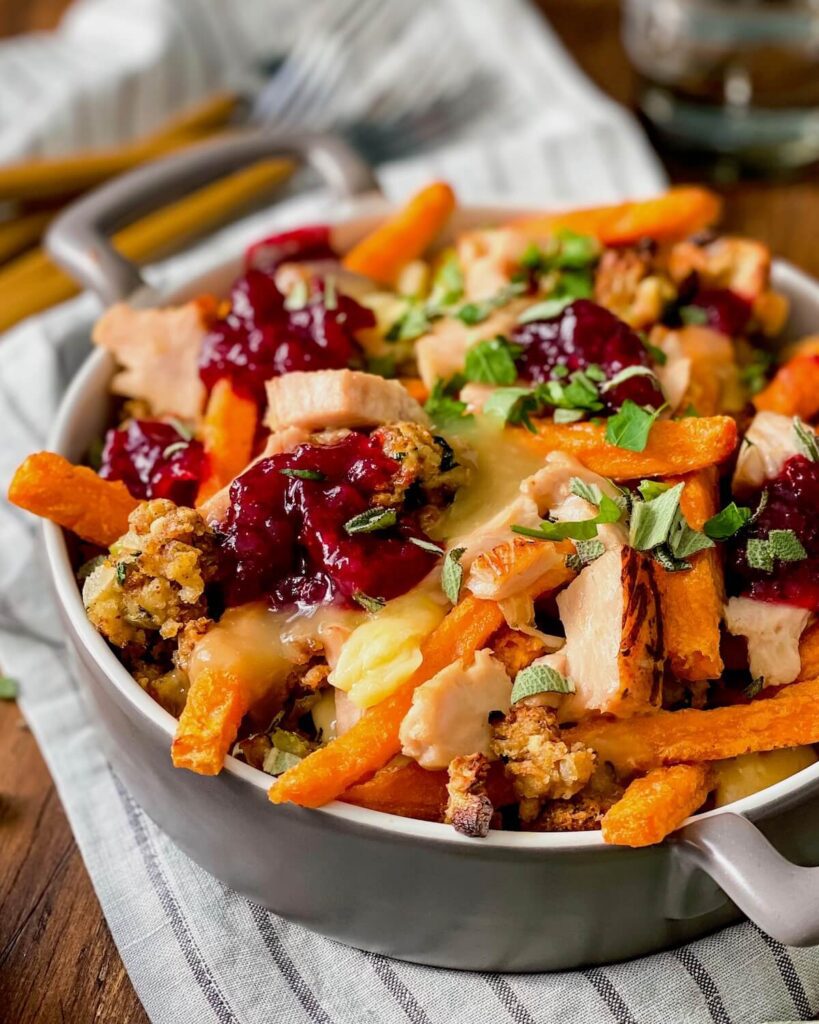 thanksgiving leftovers poutine with cranberry sauce