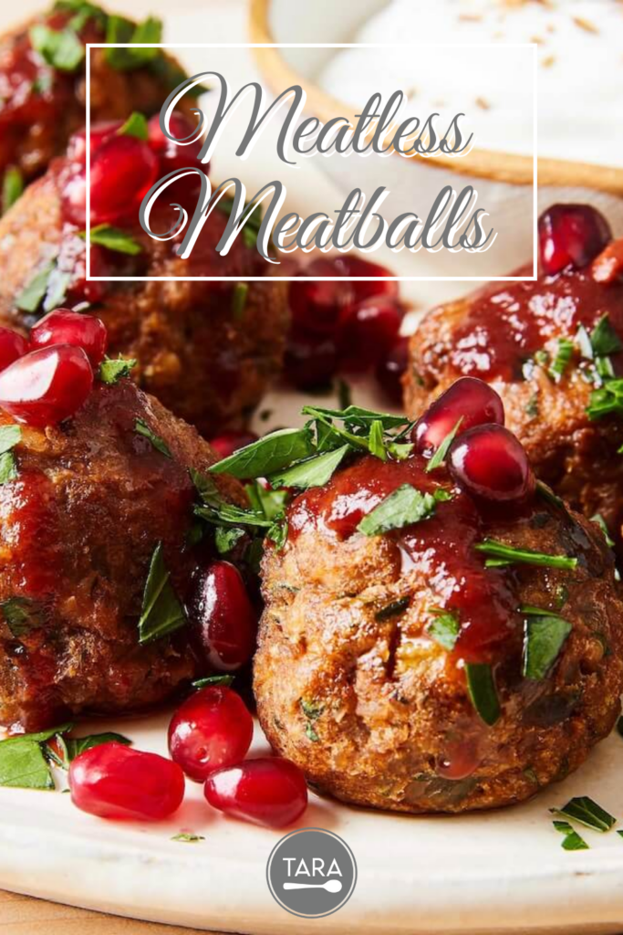 meatless meatballs with pomegranate and harissa sauce