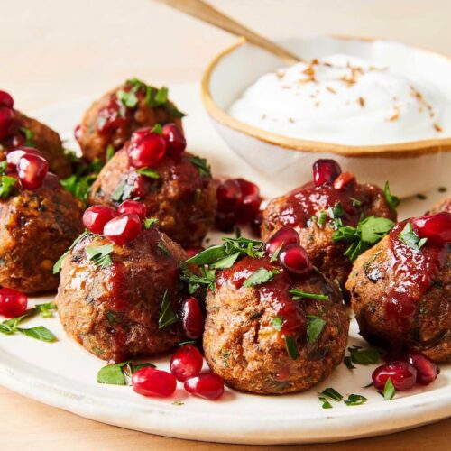 meatless meatballs with harissa and pomegranates