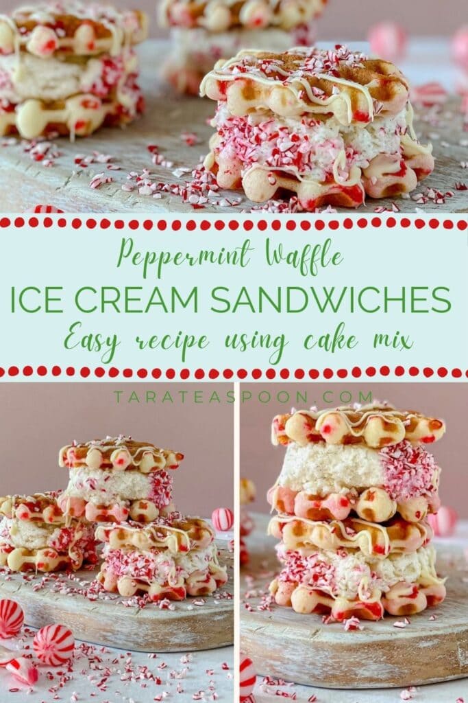 Pinterest graphic for Peppermint Waffle Ice Cream Sandwiches recipe on Tara Teaspoon.