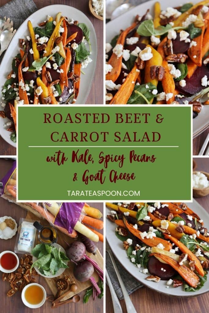 Pinterest graphic for Roasted Beet and Carrot Salad recipe on Tara Teaspoon.