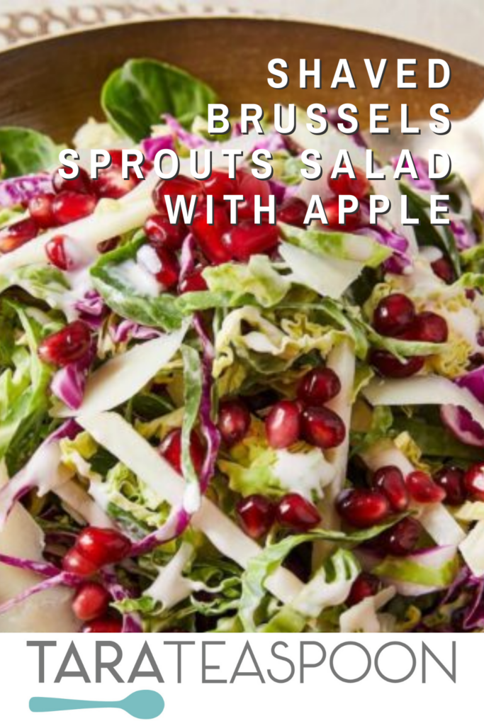 Close up of brussels sprouts and pomegranate salad in bowl pin