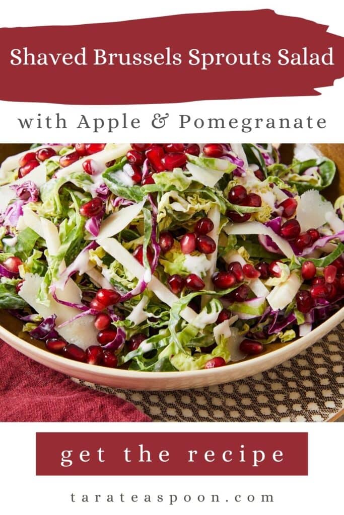 Pinterest graphic for Shaved Brussels Sprouts with Apple & Pomegranate recipe on Tara Teaspoon.