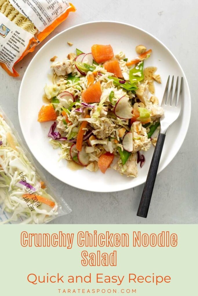 Pinterest graphic for Crunchy Chicken Noodle Salad recipe on Tara Teaspoon.