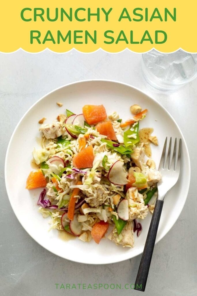 Pinterest graphic for Crunchy Chicken Noodle Salad recipe on Tara Teaspoon.