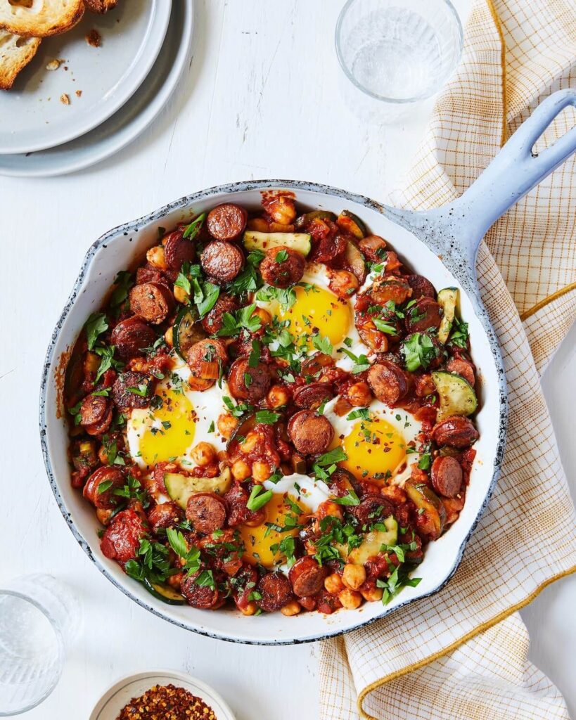 eggs in purgatory brunch dish with chorizo sausage