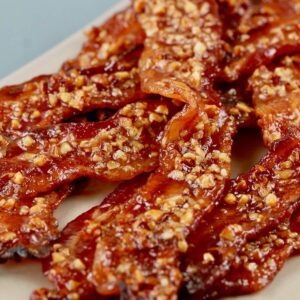 close up of maple bacon with nuts