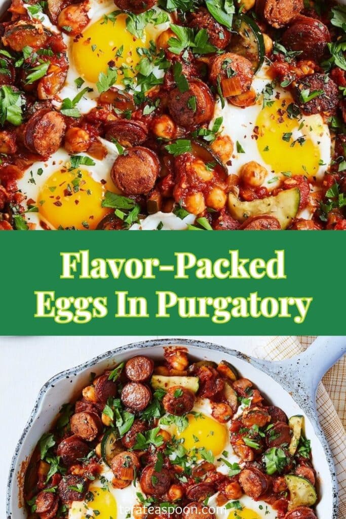 Pinterest graphic for Eggs in Purgatory with Chorizo recipe on Tara Teaspoon.