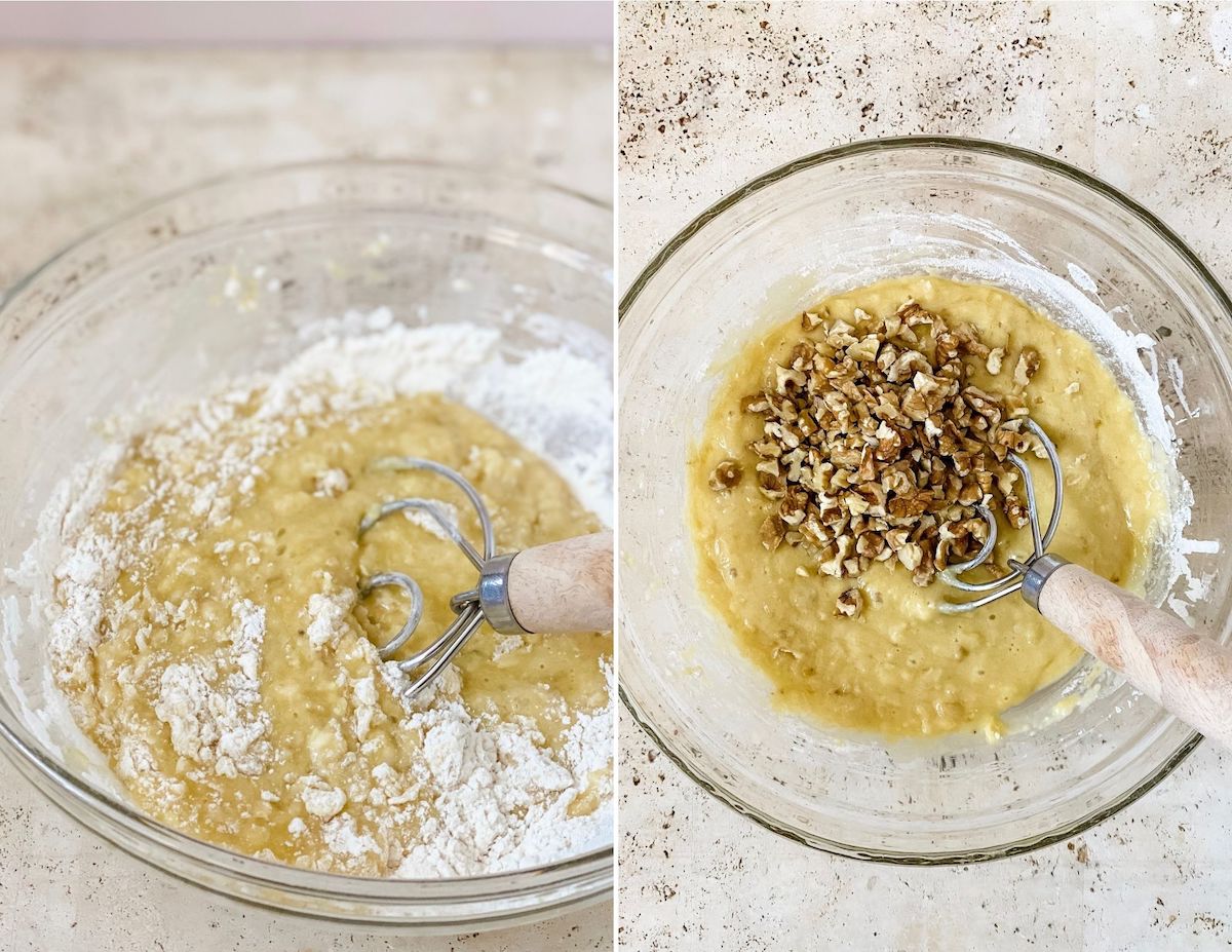 mixing flour and nuts into banana bread batter