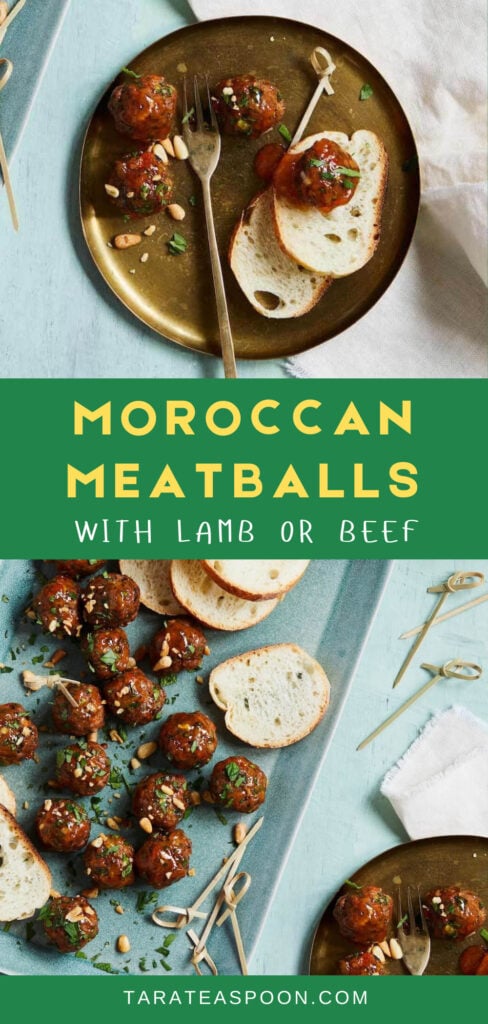 Pinterest graphic for Moroccan Lamb Meatballs with Apricot Glaze recipe on Tara Teaspoon.